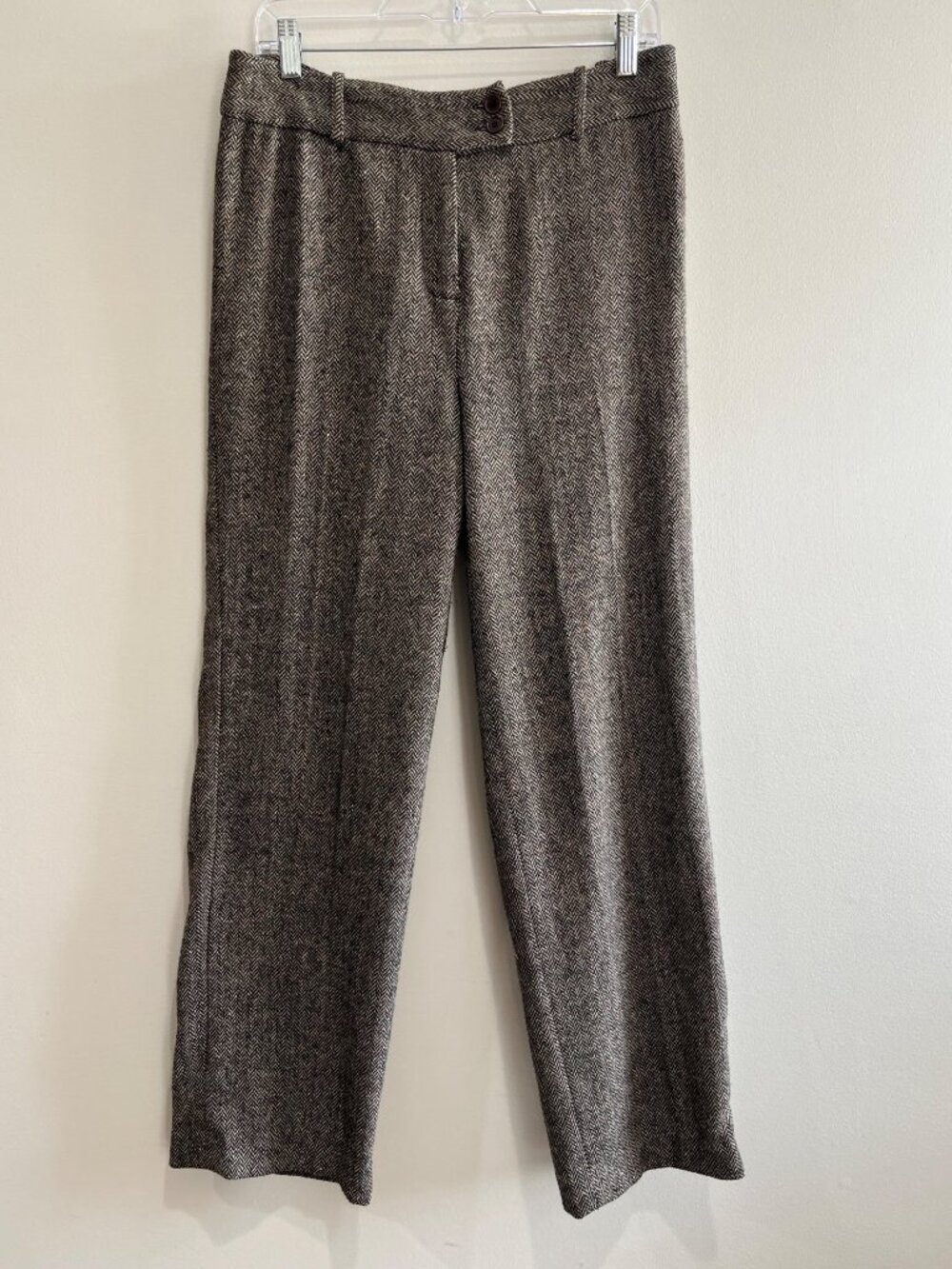 Anne Klein Herringbone Tweed Pants Womens 8 Brown Straight Leg Wool Blend
